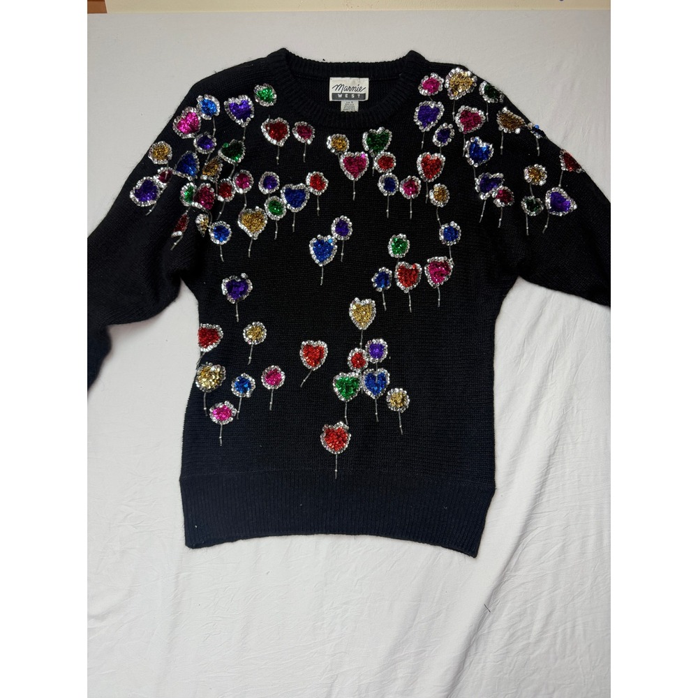 Marnie West Vintage Silk Angora Sequin Heart Balloon Sweater Black Womens Small